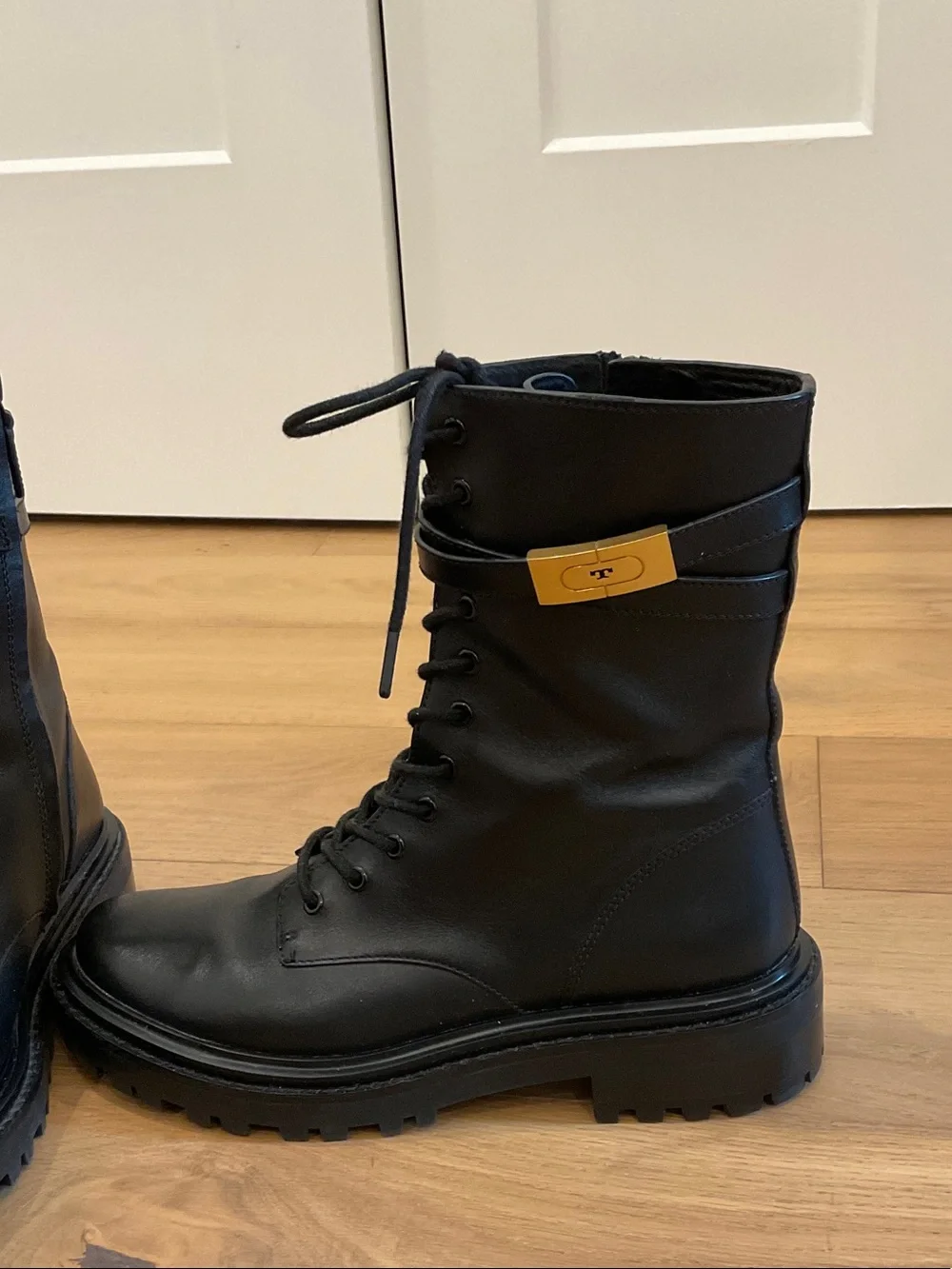 Tory Burch Black Lace-Up Leather Combat Boots